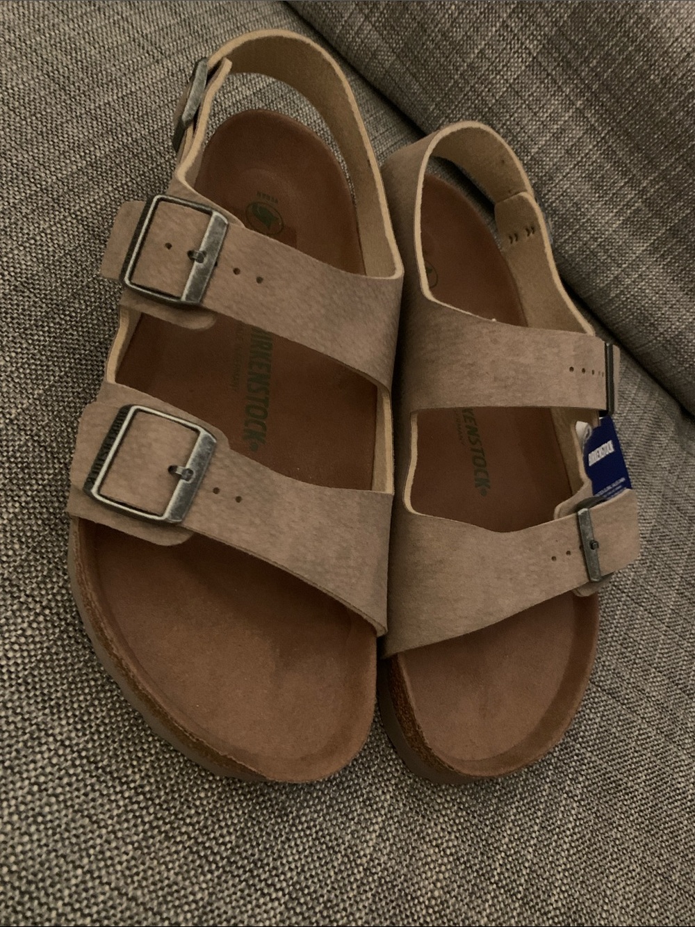 NWT Men’s Sz 45 Birkenstock Taupe Microfiber Vegan Milano Sandals